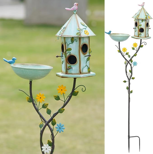 HLQMFHT 56" H Bird Baths and Bird Houses with Pole,Metal Bird Bath Bowl,birdhouses for Outdoors,Bird Bath with Stake,Garden Yard Decor