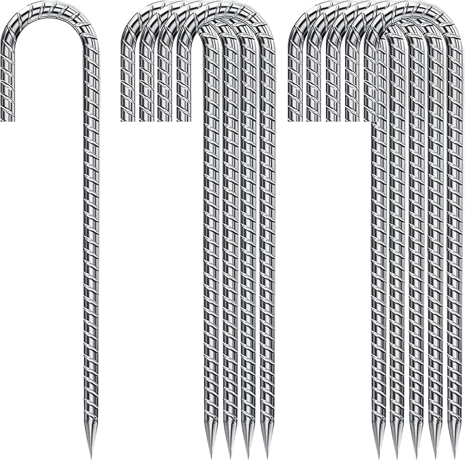 J Hook Rebar Stakes 12 Inch, Ground Stakes for Camping Tent Heavy Duty 10 Pack Rust Proof Coated Metal for Flower Gardens Landscape Fabric Pins Dog Fence