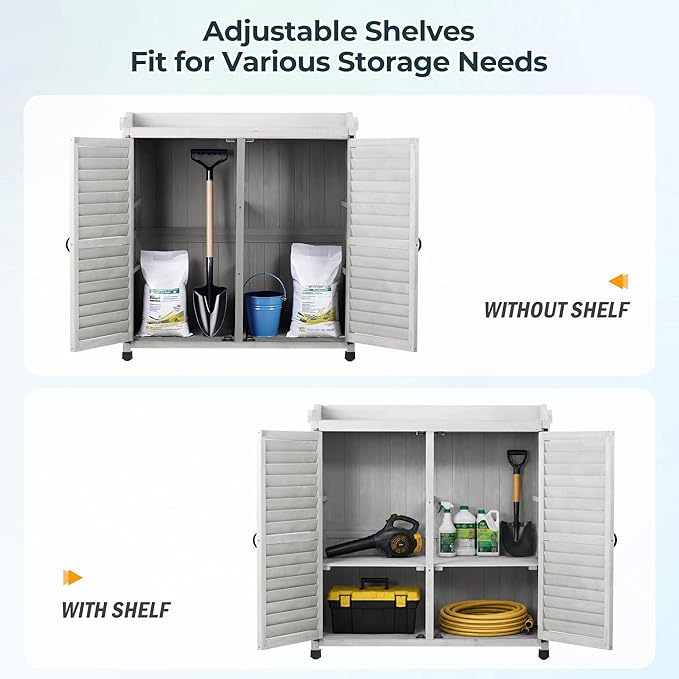 Outdoor Garden Storage Cabinet with Potting Bench, Wood Cabinet with Metal Top, Planting Workstation Table for Patio, Backyard and Garden Tools (Grey)