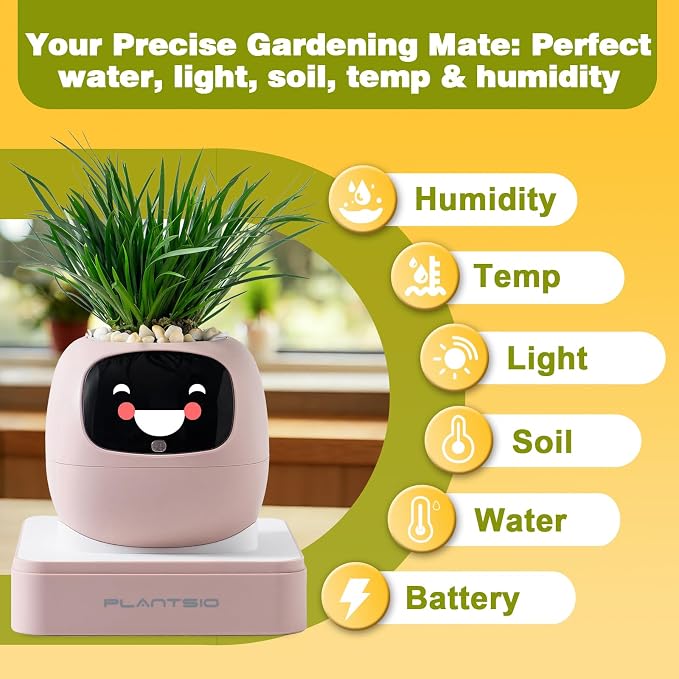 Smart Plant Pot with Visual Display – Soil Moisture, Water Level, Light & Battery Monitor, 80ml Self-Watering Reservoir, Supports 100+ Plants, Pomodoro Timer, Clock & Calendar (Blush)
