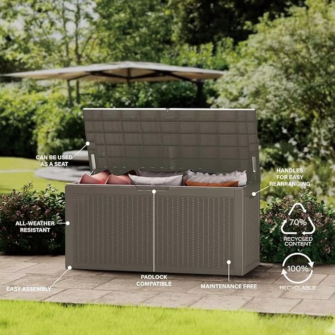 Outdoor Storage Box, 110 Gallon Resin Deck Box Waterproof for Patio Furniture, Garden Tools and Pool Accessories, Lockable UV-Resistant Storage Bin Bench Cabinet for Outside, Grey