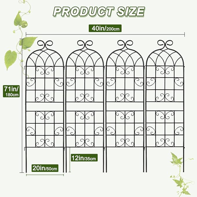 YOBAZAN 4 Pack 72x20in Rustic Iron Arch Decoration Garden Trellis with Black Metal Coating – Perfect for Supporting Climbing Plants Outdoor, Roses, Vines, Flowers, and Vegetables.