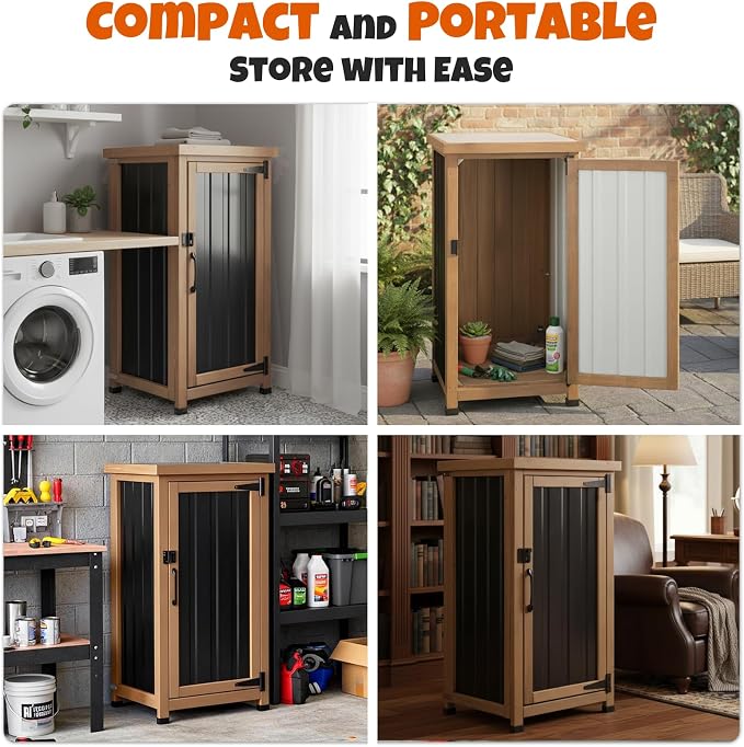 Outdoor Storage Cabinet Waterproof with Metal Top, Multi-Purpose Wood & Metal Potting Bench Tool Organizer with Adjustable Shelf, Garden Storage Box for Patio Backyard