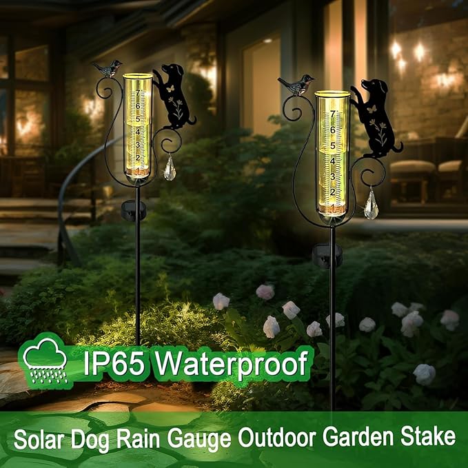 Rain Gauge Outdoor, Solar Powered Decorative Dog and Bird Garden Stake for Outside,Yard, Lawn, Pathway