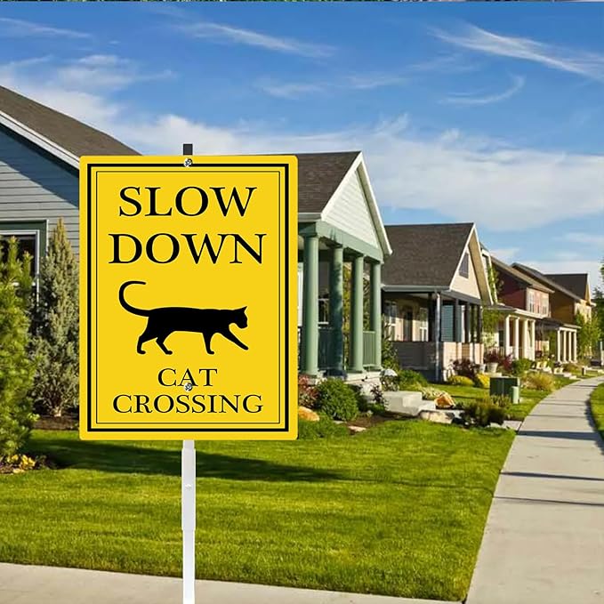 Cat Crossing Sign With Stake Slow Down Sign For Neighborhoods Caution Drive Slowly Watch for Cat Safety Sign for Street Rustproof Reflective Aluminum Animal Signs for Driveway 8x12 IN
