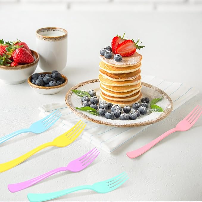 100 Pcs Pastel Plastic Forks, Pastel Plastic Silverware, Heavy Duty Plastic Cutlery Set Disposable Utensils Sets for Brithday, Wedding, Tea Party, Garden Party