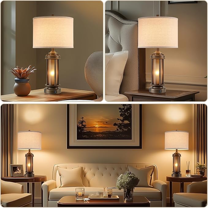 AIEAMPDO Set of 2 Farmhouse Table Lamps with 2 USB C+A Ports | Rustic Vintage Design, Amber Glass Nightlight, 4 Bulbs Included, for Living Room Bedroom Nightstand