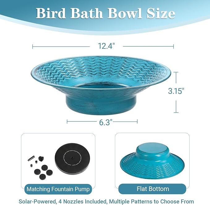 Solar Bird Bath for Outside, 12.4" Outdoor Garden Metal Bird Bath Bowl Fountain, Solar Powered Bird Bath Fountain for Garden Patio Decor, (Blue)