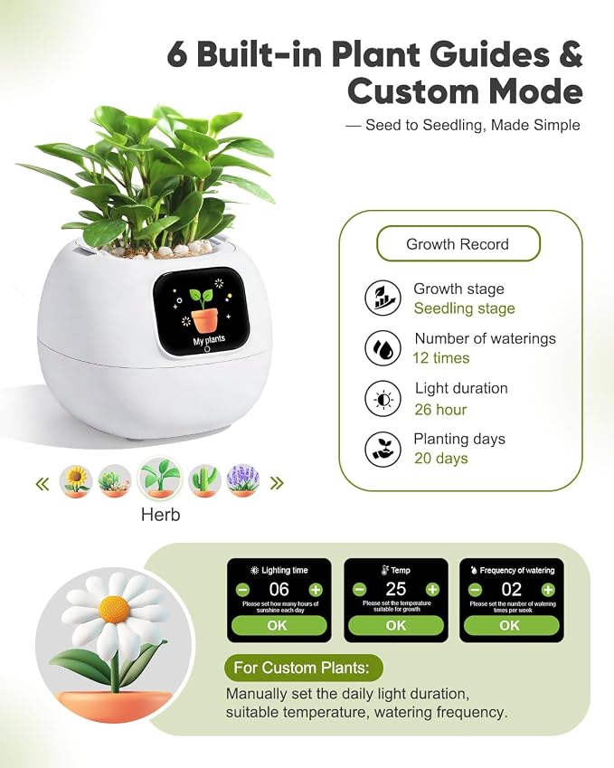 Smart Plant Pot with Emotion Display, Touchscreen & No App Needed, Auto Self-Watering with Alarm Clock & Plant Monitor, Unique Birthday Gift for Women, Plant Lovers & Housewarming