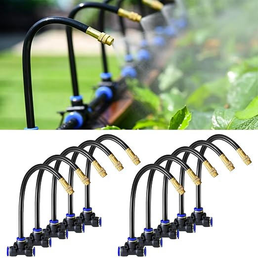 10 Pack 360° Adjustable Drip Irrigation Nozzles with Tee Connectors, Quick Connect Spray Emitters Compatible with 5/16" (8mm) Irrigation Systems for Garden, Lawn, Greenhouse & Raised