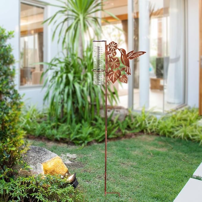 Hummingbird Rain Gauge Outdoor, Freezeproof Rain Gauge with Plastic Measuring Tube Rain Water Gauge Decor for Lawn, Yard, Garden (35'' Tall)