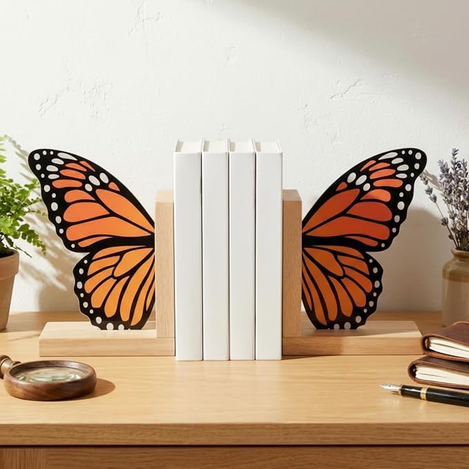 Decorative Butterfly Bookends Wooden Acrylic Butterflys Bookend Modern Bookshelf Decor Accent Book Stopper Decor for Home Farmhouse Shelves Office Lover Gift (Monarch Butterfly)