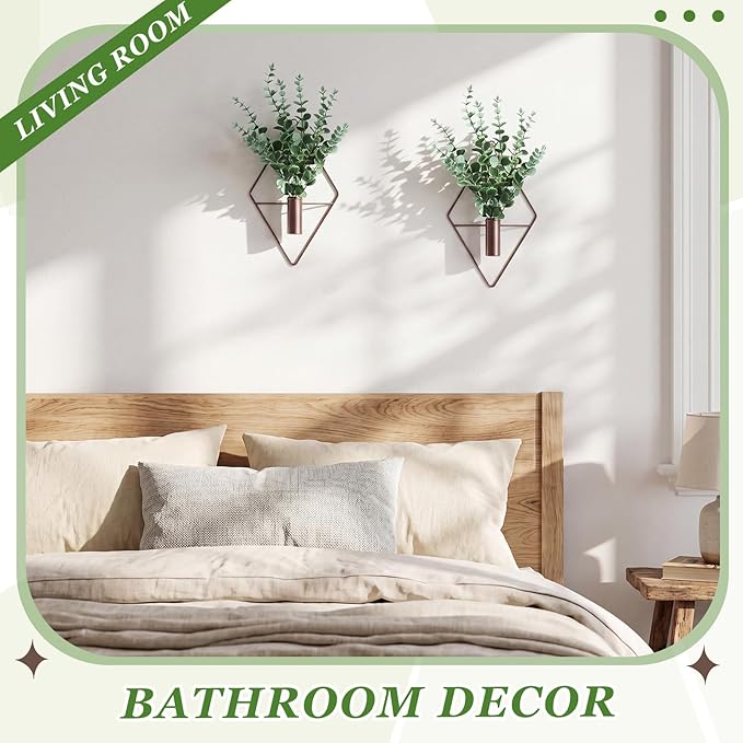 Canlierr 2 Pieces Wall Decor Hanging Planters with Artificial Plants Metal Hanging Vase Indoor Plants Holder Modern Boho Wall Art for Bathroom Bedroom Living Room Decor(Eucalyptus, Bronze)