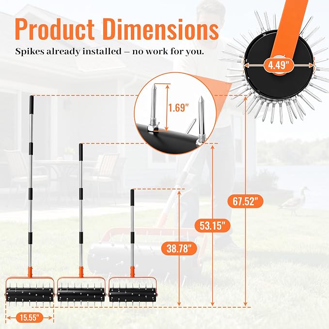 Rolling Lawn Aerator Heavy Duty Spike Aerator Roller with Adjustable Handle & 48 Spikes, Fillable Drum Manual Push Aeration Tool for Lawns, Gardens, Yards, Patio