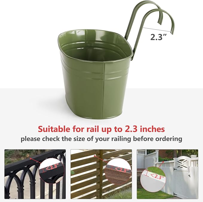 Dahey 10.5 Inch Metal Iron Hanging Flower Pots for Railing Fence Hanging Bucket Pots Countryside Style Outdoor Planter Window Flower Plant Holder with Detachable Hooks Home Decor,Green,5 Pcs