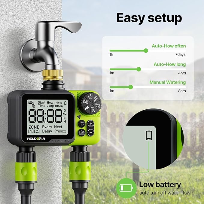 Sprinkler Timer- Water Timer for Garden Hose, Brass Inlet Programmable Watering Timer, Rain Delay Outdoor Soaker Auto& Manual Irrigation Controller System for Yard Lawn Greenhouse, 2 Outlets