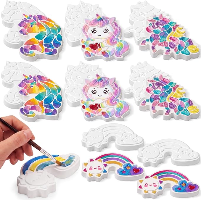 Lewtemi 16 Pcs Paint Your Own Stepping Stones for Craft, DIY Plaster Stepping Stones Garden Decor Painting Art Set for Art Class, Summer Activities & Home Decor (Unicorn)