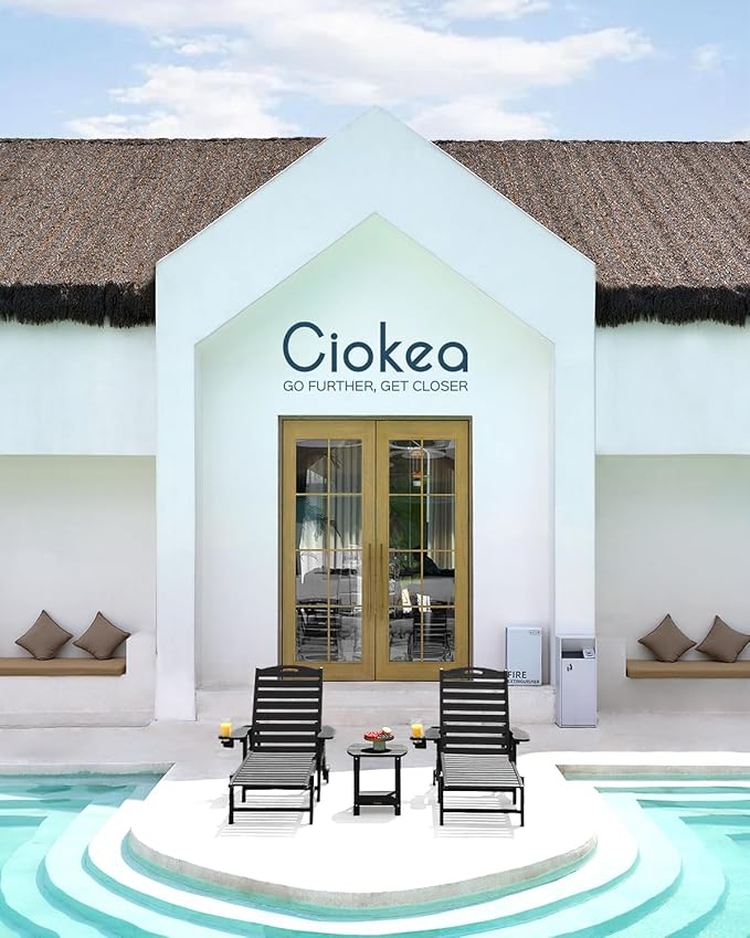 Ciokea Outdoor Lounge Chair Set of 4, All Weather Patio Chaise Lounge Chair for Outside, HDPE Chair with Rolling Wheels & Cup Holder, 5 Position, Deck, Pool, Black