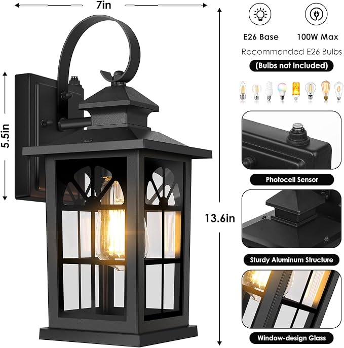 2-Pack Dusk to Dawn Outdoor Wall Light Fixtures, Aluminum Exterior Lighting Fixtures Wall Mount, Waterproof Porch Lights Outdoor Wall Sconces Lanterns, Black Outside Lights for House Front Door Garage