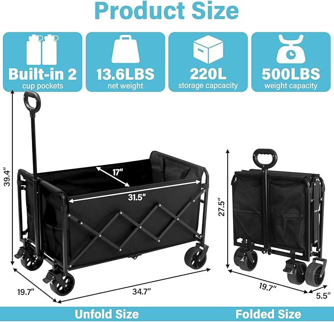 Collapsible Wagon Cart with All-Terrain Wheels - Folding Utility 500LBS Heavy Duty Wagons Carts for Grocery Sports Garden Shopping Camping Fishing (Black, 220L)