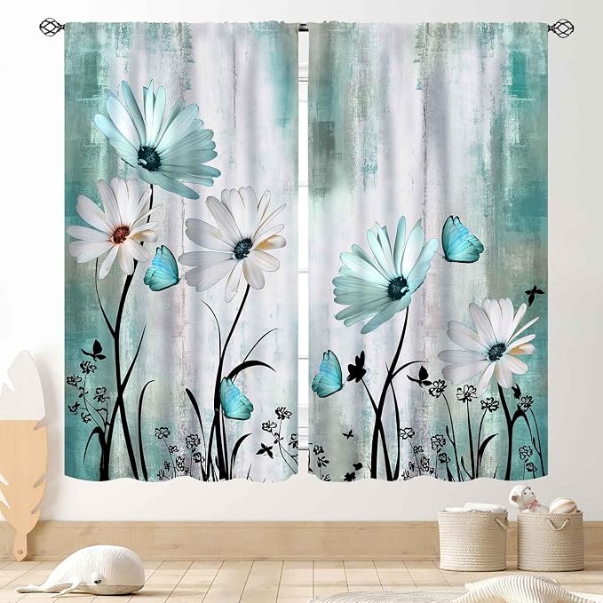 Teal White Daisy Curtains, Farmhouse Modern Flower Retro Floral Spring Butterfly Rural Country Style Turquoise Window Curtains for Living Room Bedroom Kitchen Bathroom 2 Panels, 55"x63" Inch