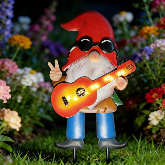 HONGLAND 28" Solar Garden Gnome Decor with Light Up Guitar - Outdoor Decorative Stake for Patio, Yard & Lawn | Unique Rock Music Gnome Decor