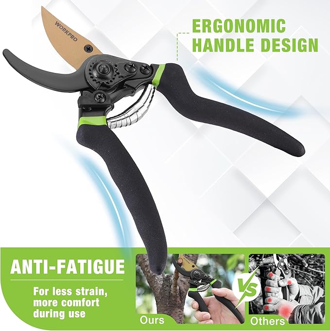 WORKPRO 8.5" Bypass Pruning Shears, Die-cast Aluminum Handle, Garden Shears with Sharp SK5 Blade, Garden Clippers, Hand Pruner for Branches, Flowers, Fruits, Plants, Effortlessly Prunes 3/4" Branches