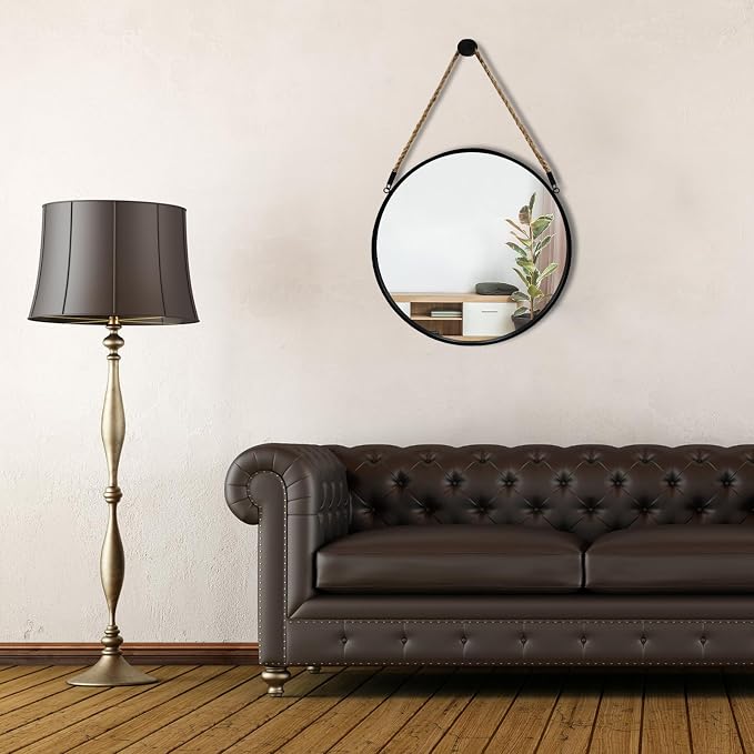 POZINO Round Hanging Mirror with Rope, 15" Circle Wall Mirror with Black Metal Frame, Farmhouse Decorative Mirror for Entryway, Living Room, Fireplace, Bedroom, Bathroom