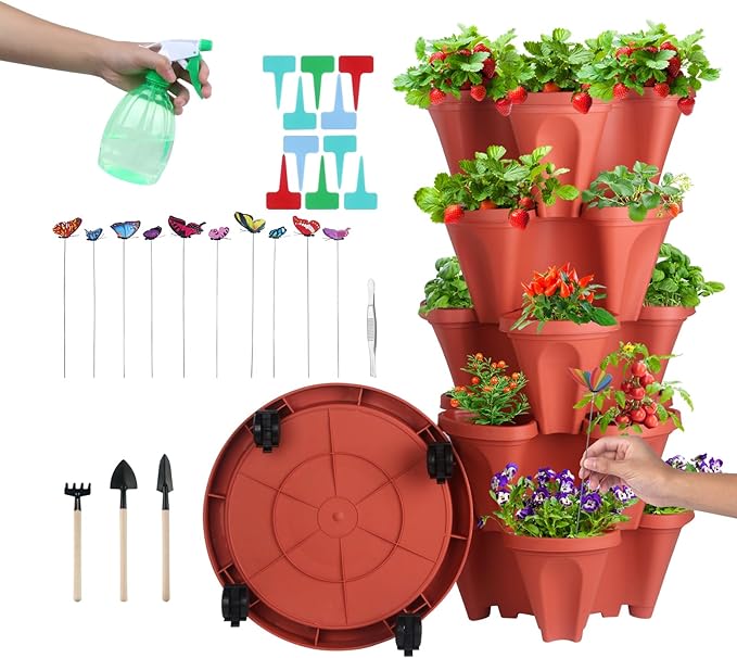 DUNCHATY Stackable Planters 6 Tier Vertical Garden Planting Tower Planters Strawberry, Herb, Flower, and Vegetable Planter Indoor Outdoor Gardening Pots with Removable Wheels and Tools