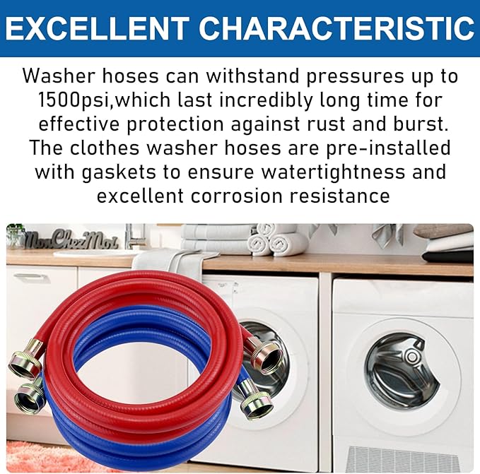 Washer Hoses 4FT,Rubber Washing Machine Hoses 3/4 Washer Machine Hoses 2 packs,Burst Proof Water Supply Lines for Hot and Cold Washer Water Hoses-by MIFLUS,10 YEARS WARRANTY