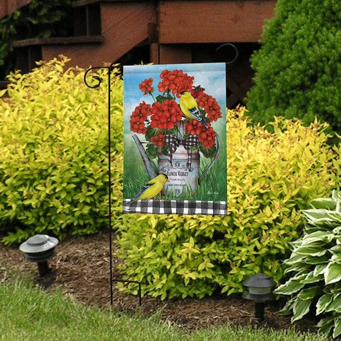 Briarwood Lane Geranium Watering Can Summer Garden Flag Goldfinches Birds 12.5" x 18"