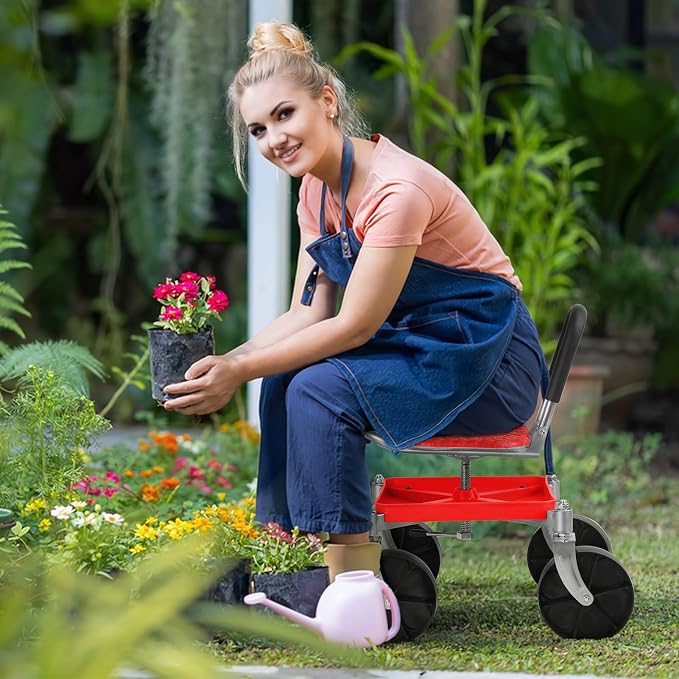 Cuteam Gardening Rolling Seat, Height Adjustable Rolling Garden Cart, 360 Degree Swivel Gardening Stool with Tool Tray, Rolling Work Seat for Gardeners Elderly Seniors (Red)