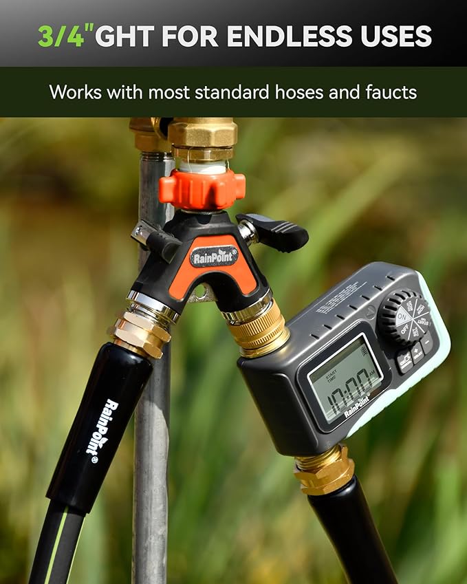 RAINPOINT Garden Hose Splitter 2 Way, All Metal Heavy Duty Water Hose Y Splitter With 2.05" Extra Long Side Handle & Shut Off Valves, 3/4 Inch GHT Thread Connector For Outdoor Spigot Faucet (Orange,2)