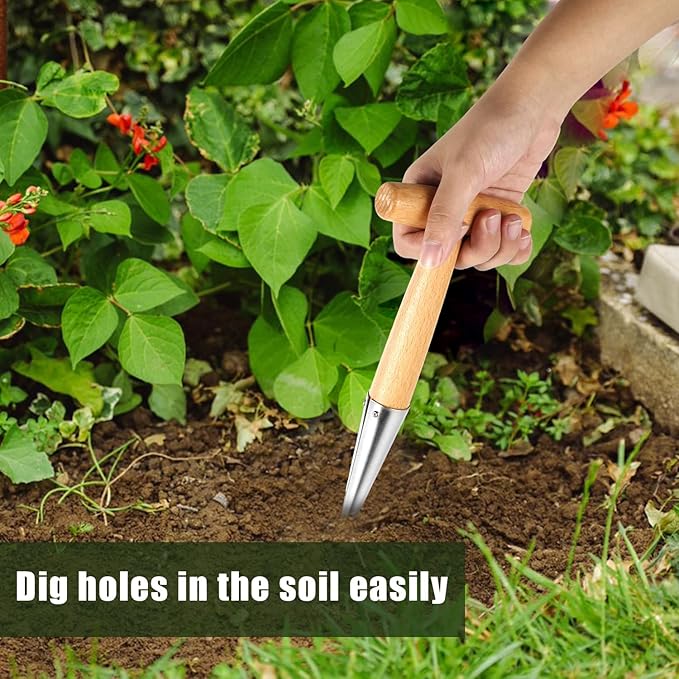 XIHIRCD Hand Dibber with Wooden Handle, Dibbler Gardening Tool Stainless Steel Head Hole Punch Hand Held Bulb Planter Solid Garden Sow Dibbler for Planting Seeds Flowers Tulips Daffodils Dahlias