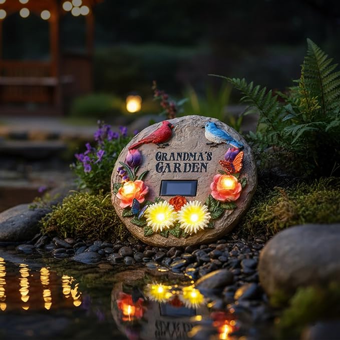 Stepping Stones Outdoor for Grandma's Garden with Solar Lights and Cardinal Robin Birds Flowers, Garden Stepping Stones Grandma Gifts for Mothers Day for Walkway, Yard, Patio Decor