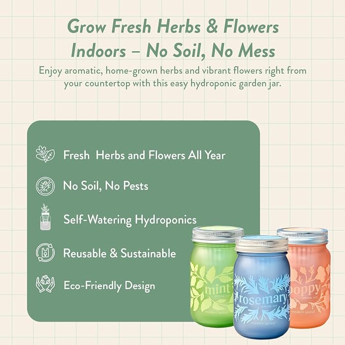 Modern Sprout Mason Garden Jar - Self-Watering Hydroponics Growing System Kit with Organic Herb Seeds - Jar Planter for Indoor Herb Garden - Seed Starter Kit -Home Decor & Gifting -Mint+Rosemary+Poppy