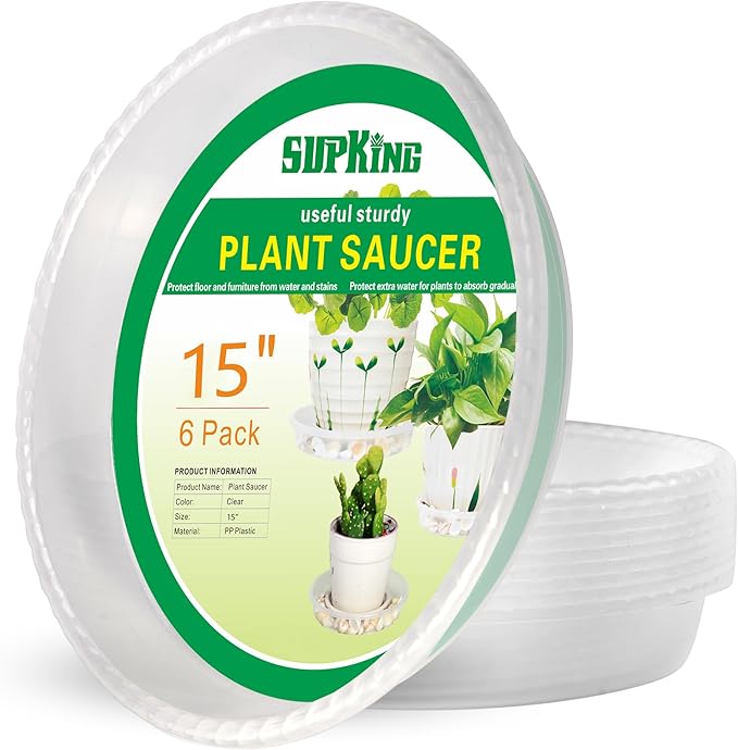 SupKing Large Plant Saucers Drip Tray 6 Pack, 6 8 10 12 14 15 Inch Heavy Sturdy Plastic Flower Pot Saucers for Indoor,Clear Plastic Planter Water Tray for Plant Pots Liners (15''-Clear)