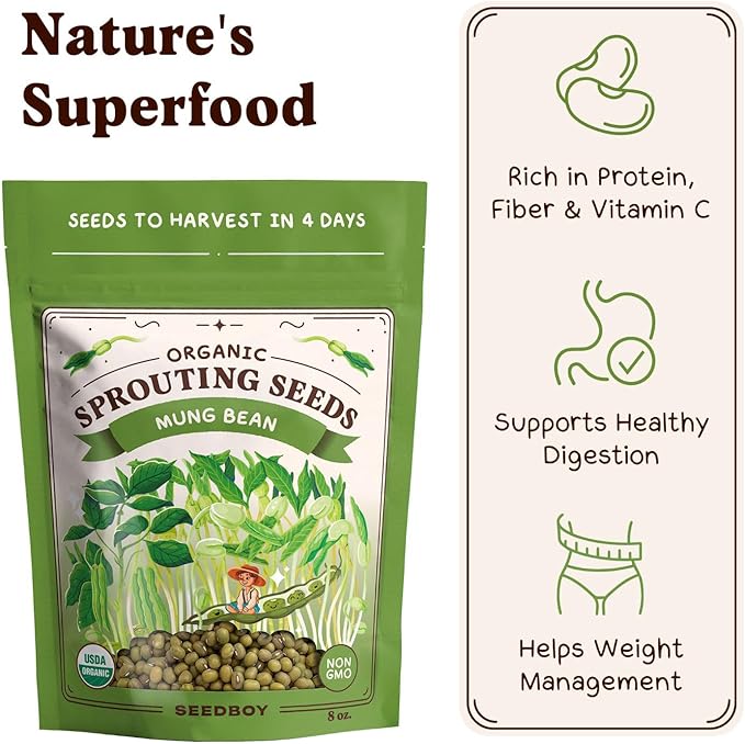 Seedboy Organic Non-GMO Mung Bean Seeds for Sprouting - Microgreens Sprouting Seeds - 8 oz Bag Makes 6 Quarts / 24 Servings (Mung Bean)