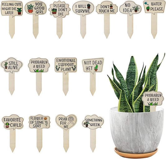 15pcs Garden Plant Markers, Wooden Plant Labels Tab Funny Plant Signs with Stake, Interesting Words & Cute Patterns Garden Tags Labels for Outdoor Indoor Patio Supplies Novelty Gifts