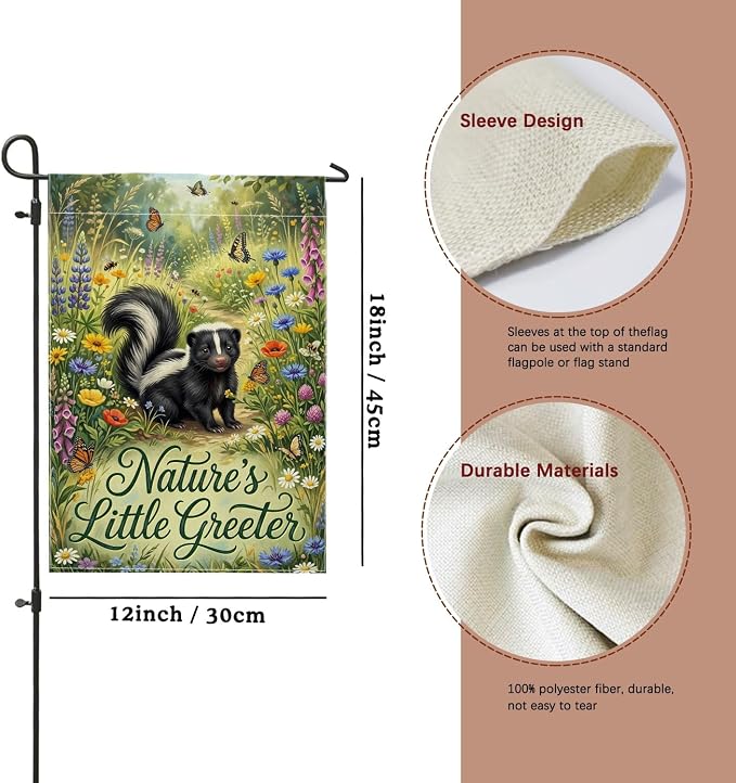 Skunk Garden Flag, Nature Fanciful Butterfly Flowers Spring Green Burlap Double Sided Small Garden Yard Flag for Outdoor Patio Lawn Porch Entrance Campsite 12x18 Inch