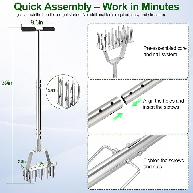 2 in 1 Lawn Aerator & Core Aerator Tool, Stainless Steel Spike Manual Dethatching & Soil Aerator Lawn Tool with 9 Spikes & 6 Cores, Semi-Assembled Grass Aerator for Lawn, Yard Plug Aerator