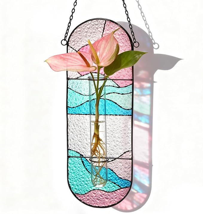 Stained Glass Plant Propagation Stations - Handmade Sunshine Catcher Hydroponic Planter Window Hanging with Glass Tubes, Terrarium Decor Gifts for Women Mom Plant Lovers, Pink