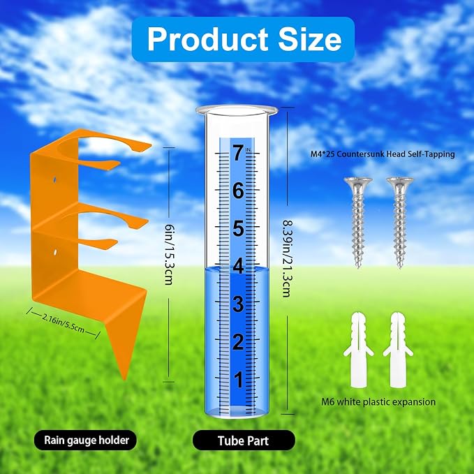 Rain Gauge Outdoor,7" Capacity Rain Gauge Outdoors Best Rated with Stainless Steel Mounting Rack Holder,Freeze Proof Plastic Large Rain Gauge for Yard Garden Fence Lawn Patio Farm (Orange)