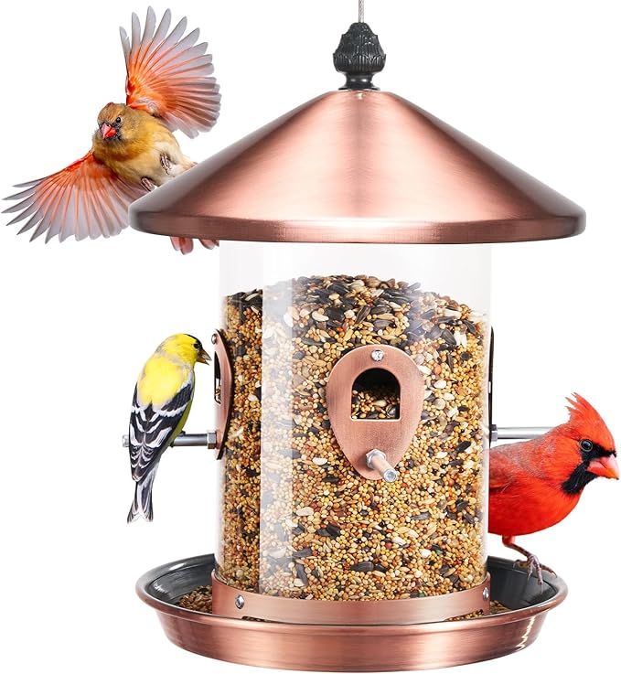 Kingsyard 4.5-Cups Large Metal Bird Feeders for Outdoors Hanging with 8 Ports, Tube Bird Feeder with Seed Tray, Weatherproof Chew Proof Roof for Cardinal Finch, Copper