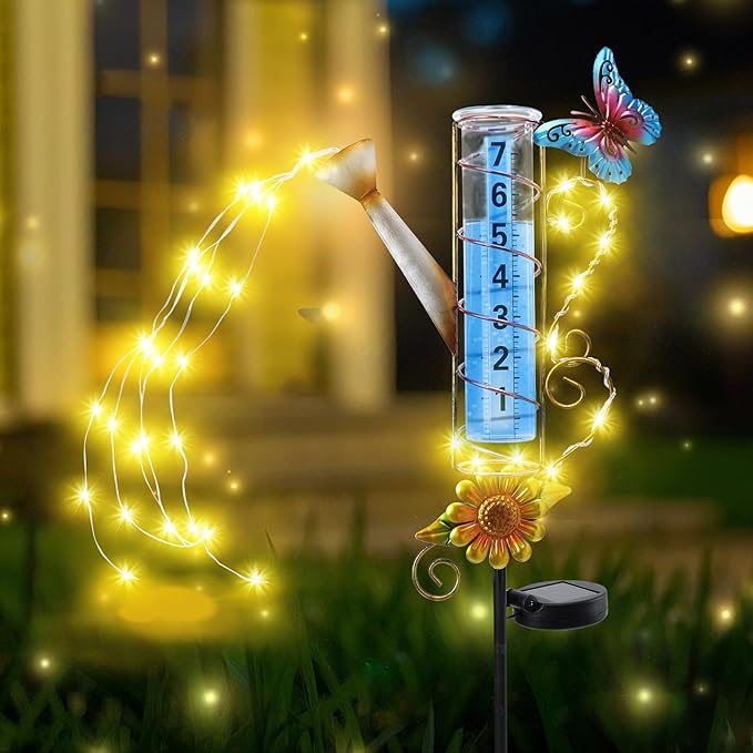 WONDER GARDEN Solar Rain Gauge Outdoor, Kettle Decorative Rain Gauges Outdoors Best Rated with Stream-Like LED Lights, Freeze Proof Water Rain Measure Gauge for Yard Patio Lawn Decor