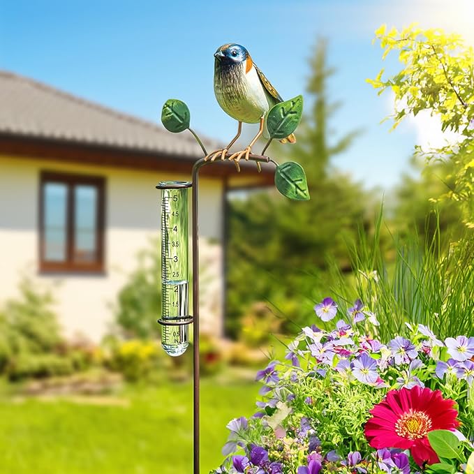 Bits and Pieces Bird Rain Gauge - 5 Inch Glass Rain Gauge with Metal Stake, Decorative Bird Yard Stake Lawn Garden Décor