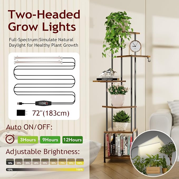 Homsorout Plant Stand Indoor with Grow Light - 6-Tier Metal Plant Shelf with Hanging Basket Hook, Corner Tall Flower Holder for Multiple Plants, Living Room Balcony Garden Patio, Rustic