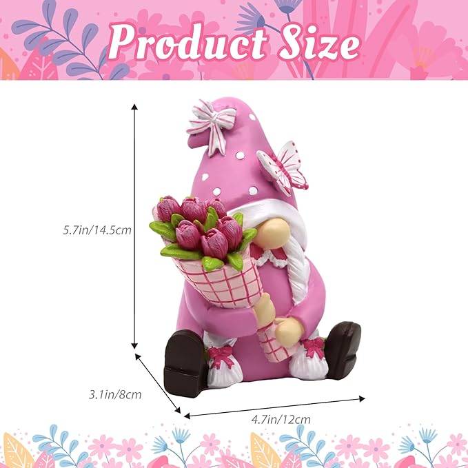 Spring Summer Gnomes Decorations for Home Office - Resin Pink Garden Gnomes with Butterfly Tulip - Retirement Gifts for Women Tiered Tray Decor