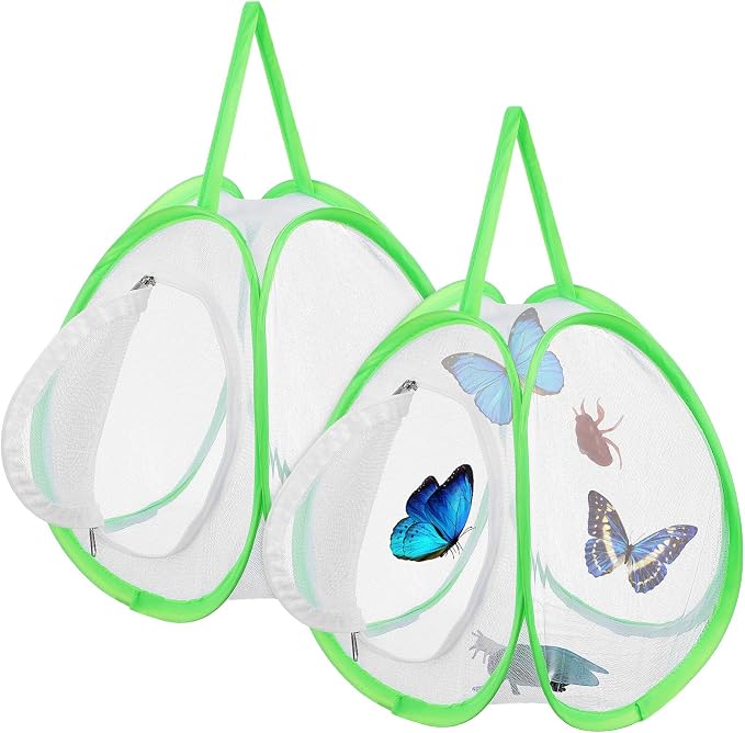Toyvian Butterfly Habitat Mesh Cage, Portable Insect Observation House for Caterpillars Monarch Butterfly Enclosure with Carrying Handle for Outdoor Exploration, 14X8X7.5 Inches
