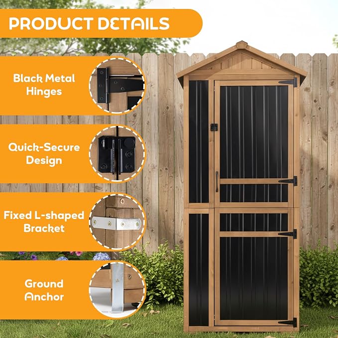 Outdoor Storage Cabinet with Lockable Doors, Wood & Metal Garden Shed, Weatherproof Patio Storage with Adjustable Shelf for Tools, Patio & Backyard Organizer